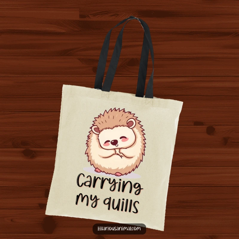 Funny small hedgehog curled into a ball, shaking with silent laughter, printed on a tote bag, ideal for carrying charm and essentials.