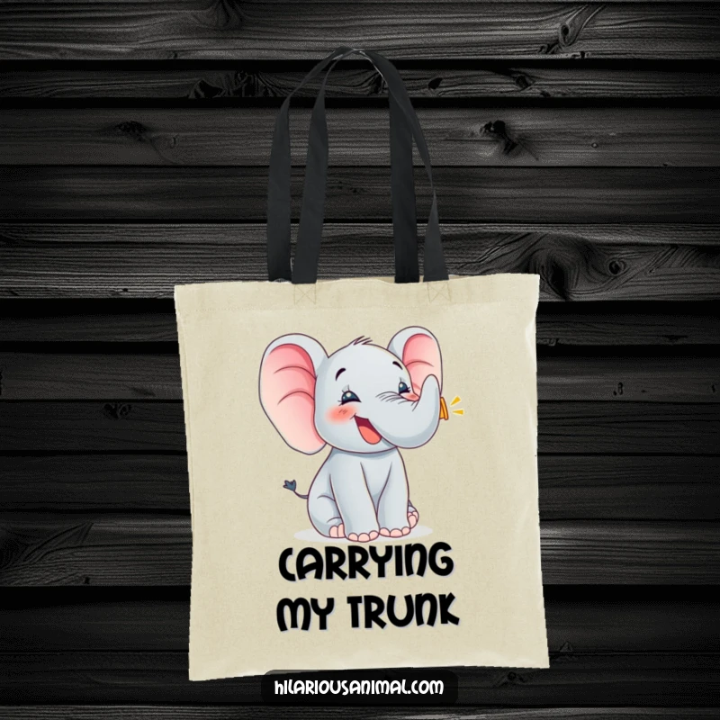 Funny elephant cub trumpeting joyfully, large tote bag, flapping ears, showcasing an adorable animal ready for any errand or outing.