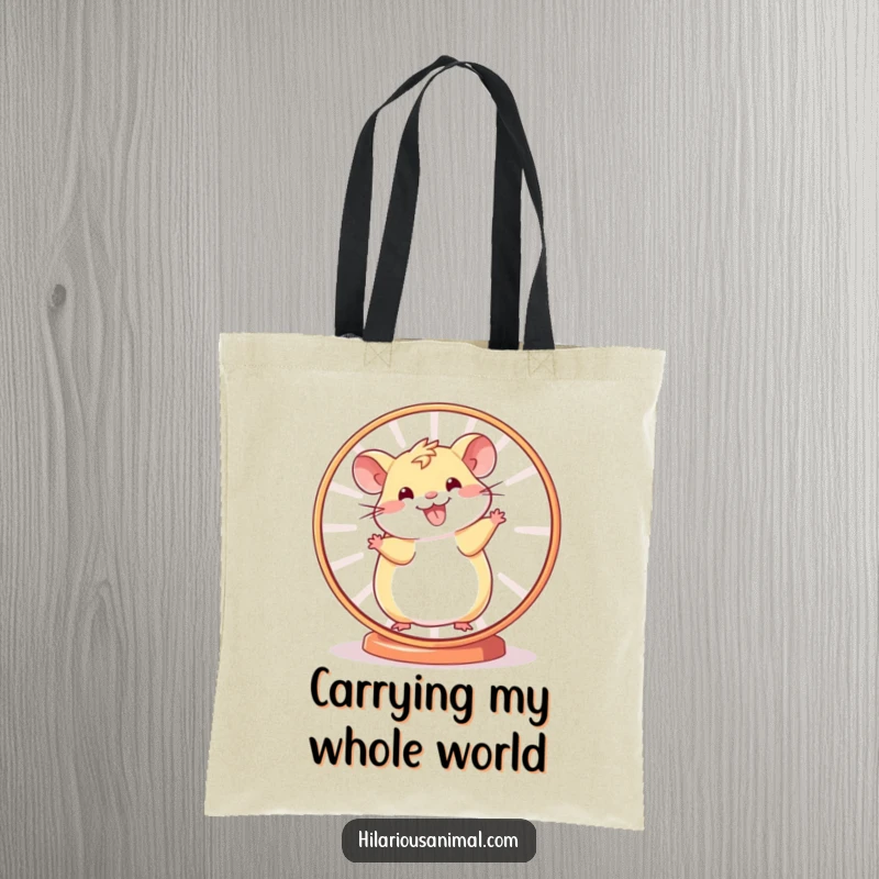 Funny Hamster Wheel Tote Bag with a smiling hamster in rapid motion, ideal for carrying groceries or daily items with a humorous flair.