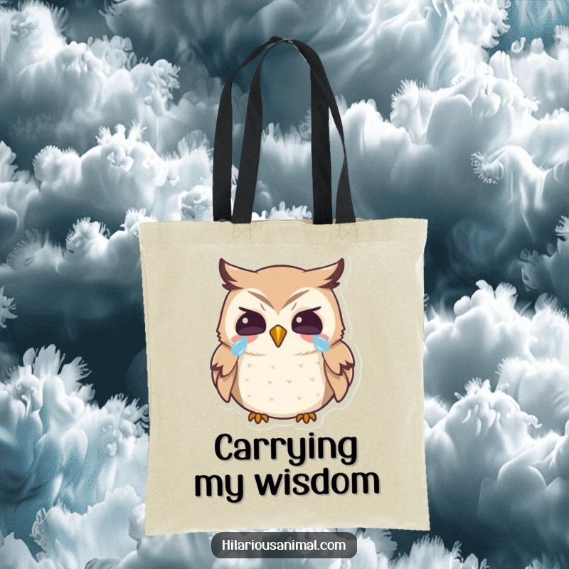 Funny owl tote bag, showcasing a tiny bird laughing heartily with tears, a durable and humorous accessory.