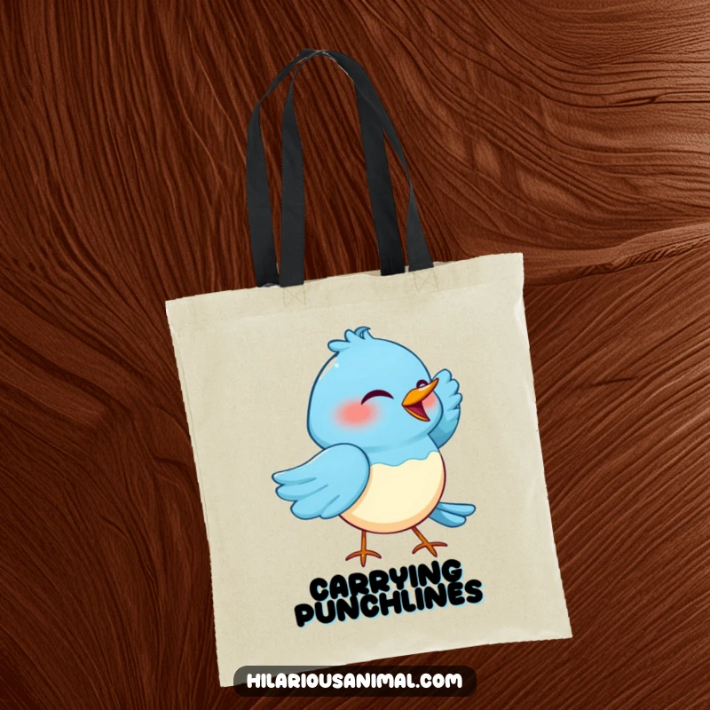 Funny tote bag with a blue bird cackling heartily, one wing tucked under its head, ready to carry your items.