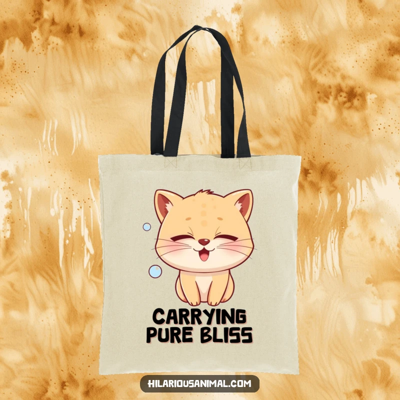 Funny whiskered animal with eyes closed tightly, emitting a bubble of joy, on a tote bag, a peaceful and funny gift.