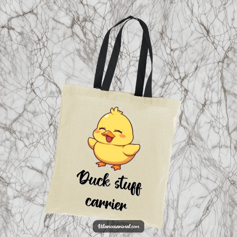 Funny Duck Quacking Tote Bag featuring a chubby yellow duck laughing heartily with eyes squeezed shut, perfect for carrying essentials with a side of humorous flair.