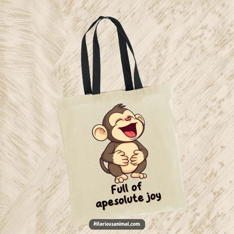 Funny monkey tote bag showcasing a silly character holding its belly, roaring with laughter, perfect for groceries and spreading humorous primate vibes.