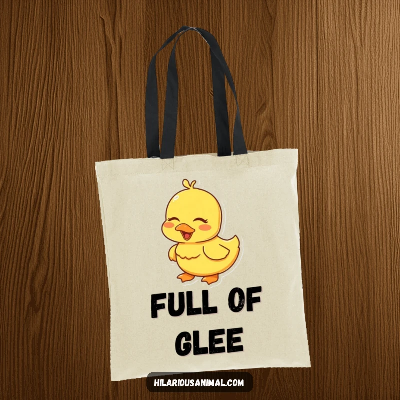 Funny yellow duckling tote bag, eyes closed in a happy giggle, a charming accessory.