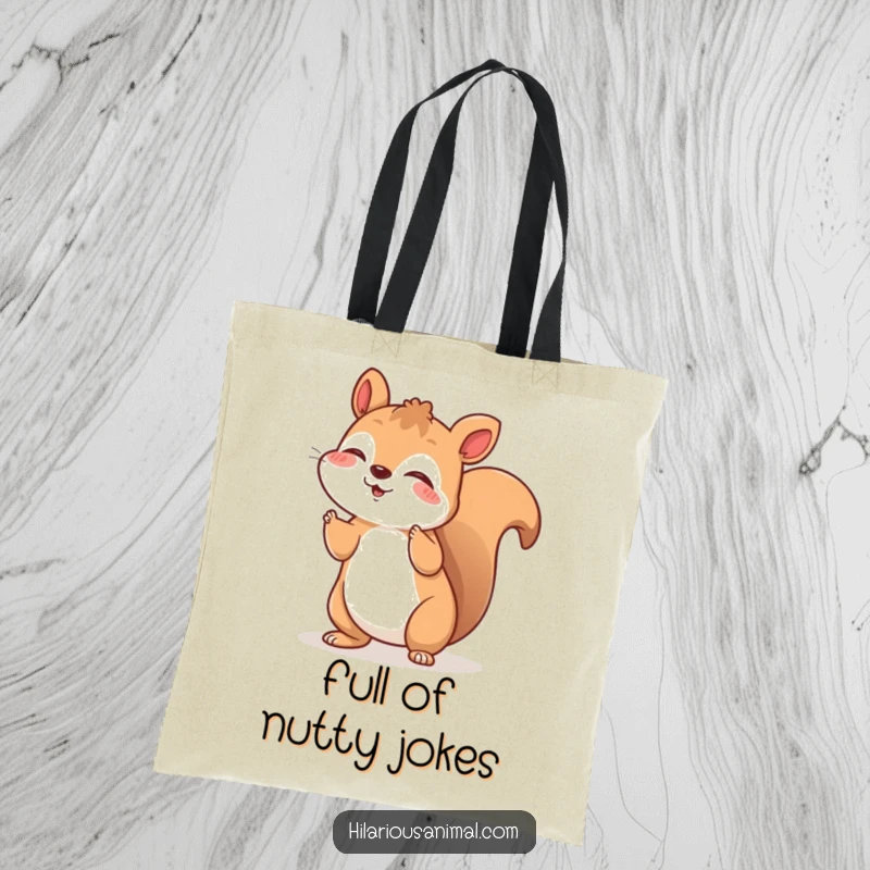 Funny tote bag with a cheerful squirrel shaking with silent, joyful laughter, great for a funny gift.