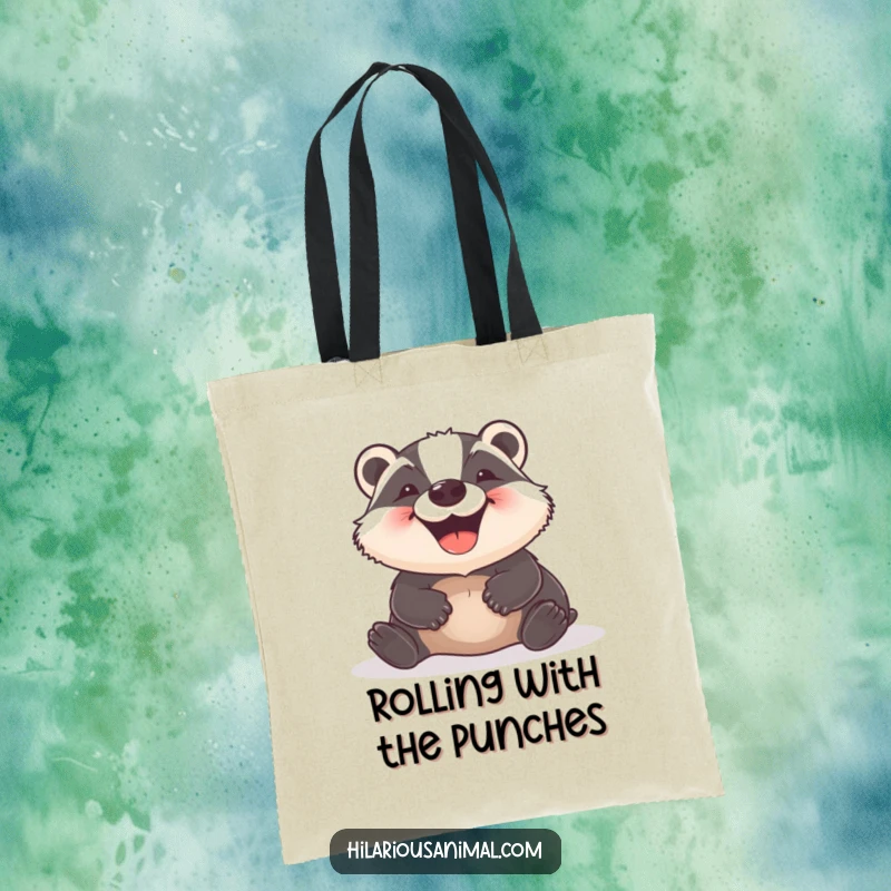 Funny Badger Tote Bag illustrating a jubilant badger rolling with glee, perfect for shoppers who love cute and humorous animal designs.