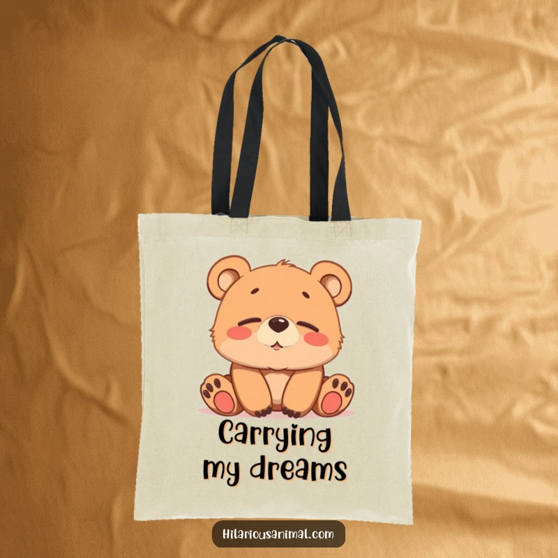 Funny brown bear cub tote bag, softly chuckling with sleepy eyes, a charming and amusing accessory.
