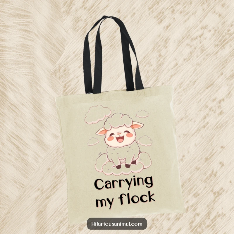 Funny bewildered sheep tote bag with a sheep bleating with laughter surrounded by fluffy clouds, a dreamy and amusing carry-all