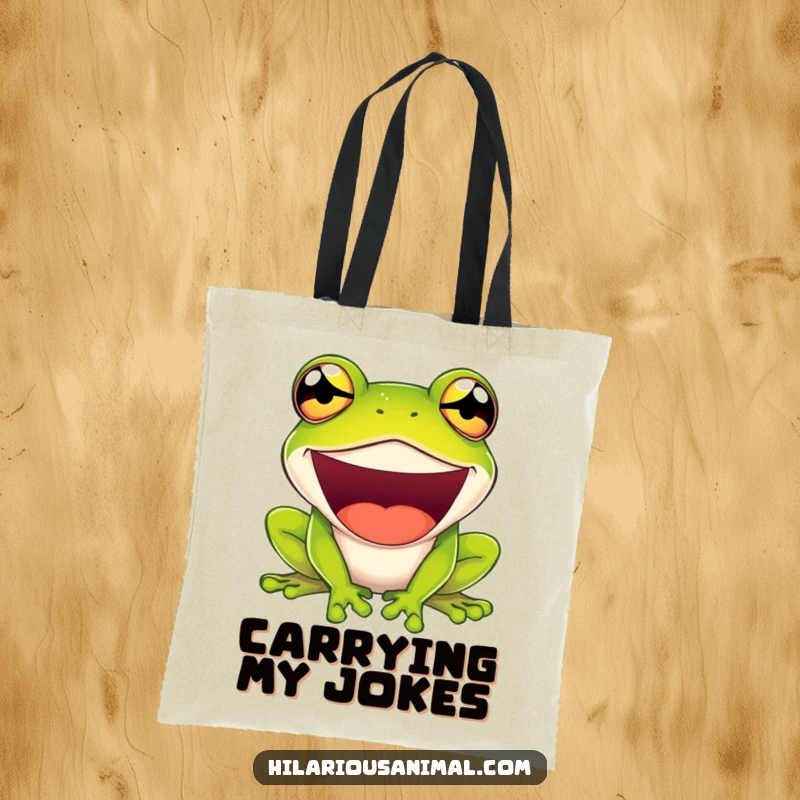 Funny tote bag with a green frog laughing hysterically, its eyes bulging comically, ready to carry your items.