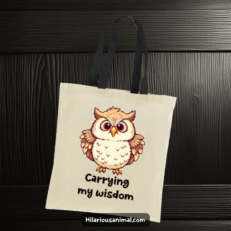 Funny owl tote bag featuring a chuckling owl with ruffled feathers and eyes wide with mirth, looking truly amused.