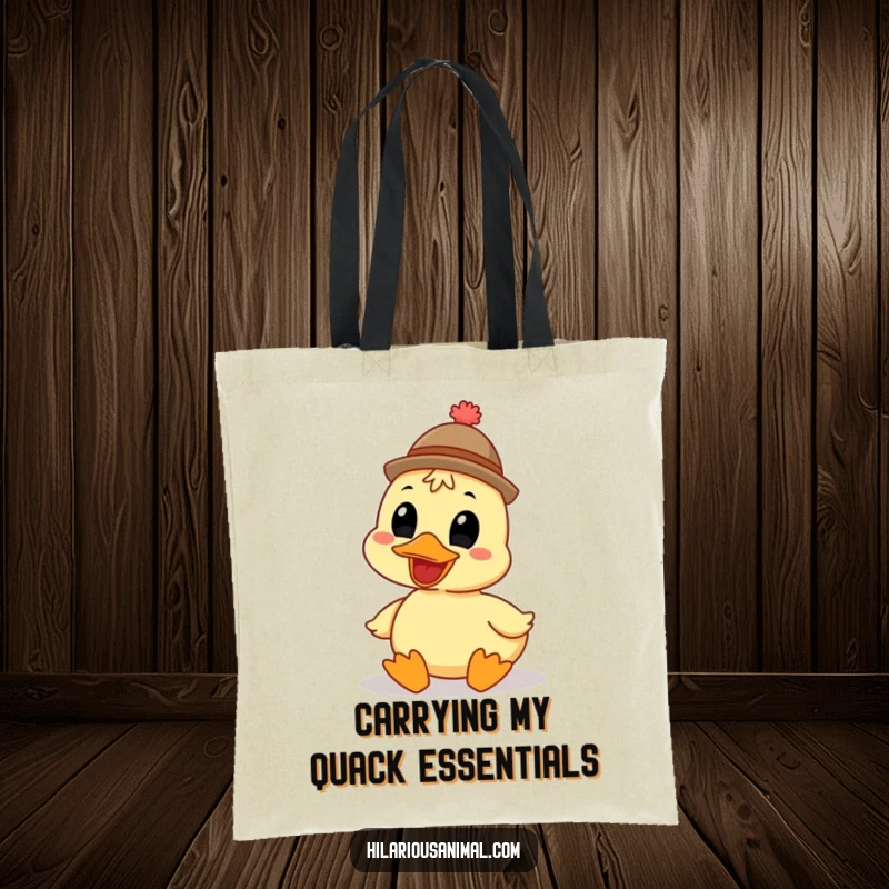 Funny grinning duck hat tote bag, sturdy and spacious, features a quacking bird with a comical hat, perfect for shopping and daily use.