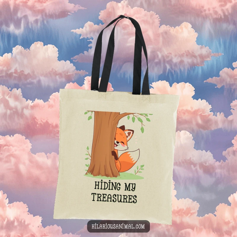 Funny tote bag with a red fox playfully giggling while peeking from behind a tree, a delightful funny gift.