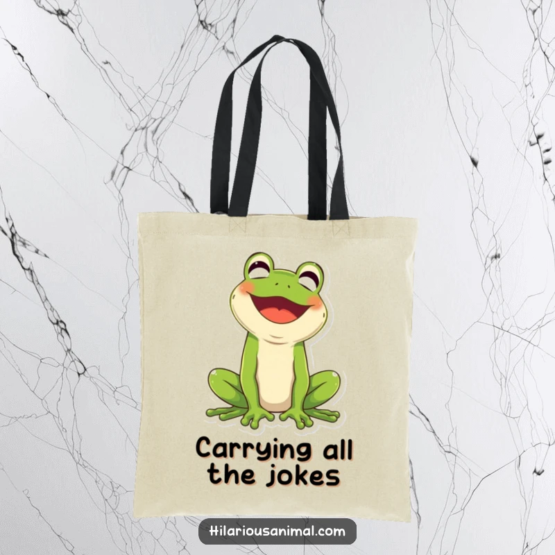 Funny green frog tote bag, mouth wide open in belly laughter, a humorous accessory.