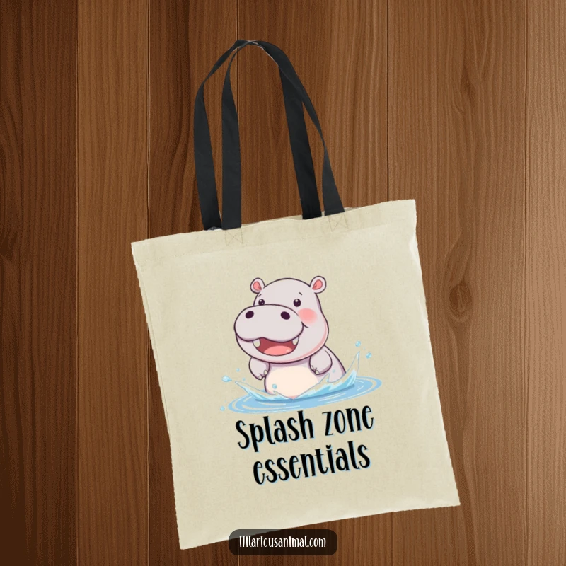 Funny hippo cub tote bag, beaming and splashing water with joy, perfect for carrying items with a splash of humor.