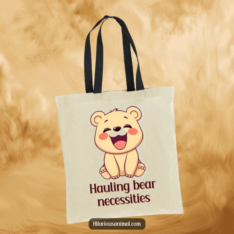 Funny bear cub with mouth wide open in a hearty laugh, on a tote bag, a cheerful and practical funny gift.