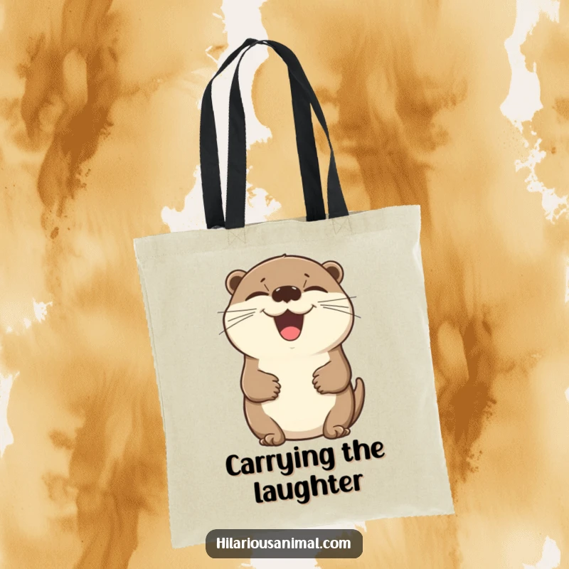Funny otter tote bag depicting a beaming otter laughing uncontrollably, holding its stomach with glee.