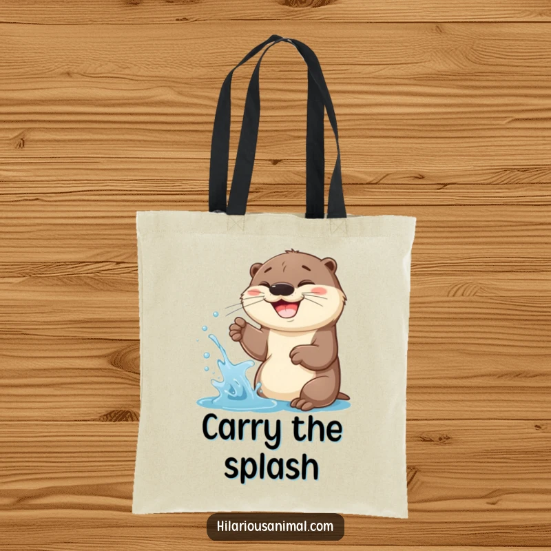Funny Otter Cub Tote Bag: A cheerful otter cub spraying water with a wide grin, ready for any adventure.