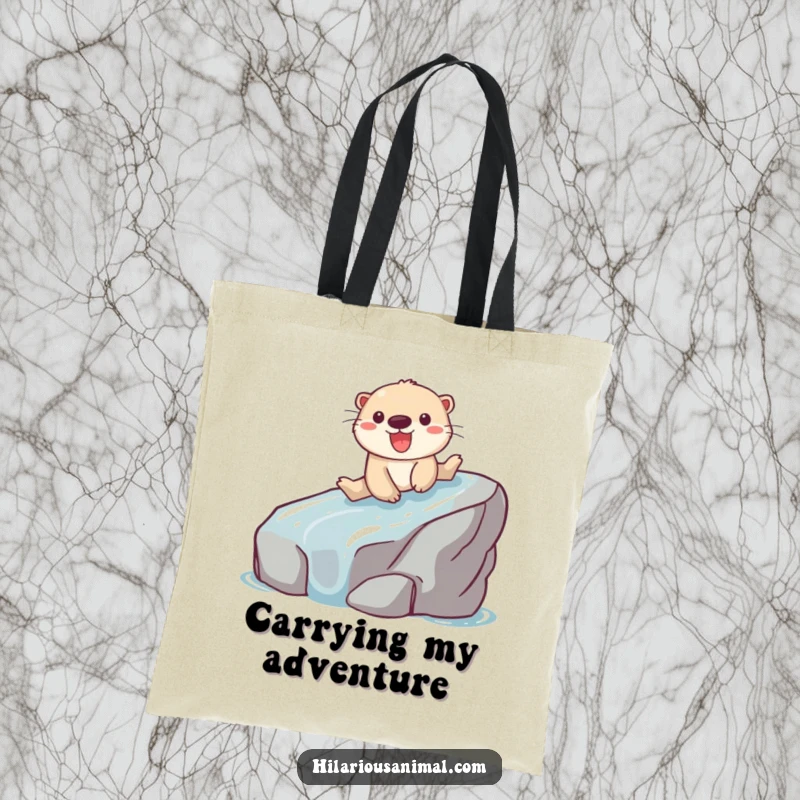 Funny tote bag featuring a playful otter in mid-slide down a slippery, wet rock.
