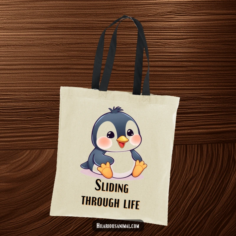 Funny penguin cub tote bag, happily belly-sliding with a broad smile, perfect for carrying items with humor.