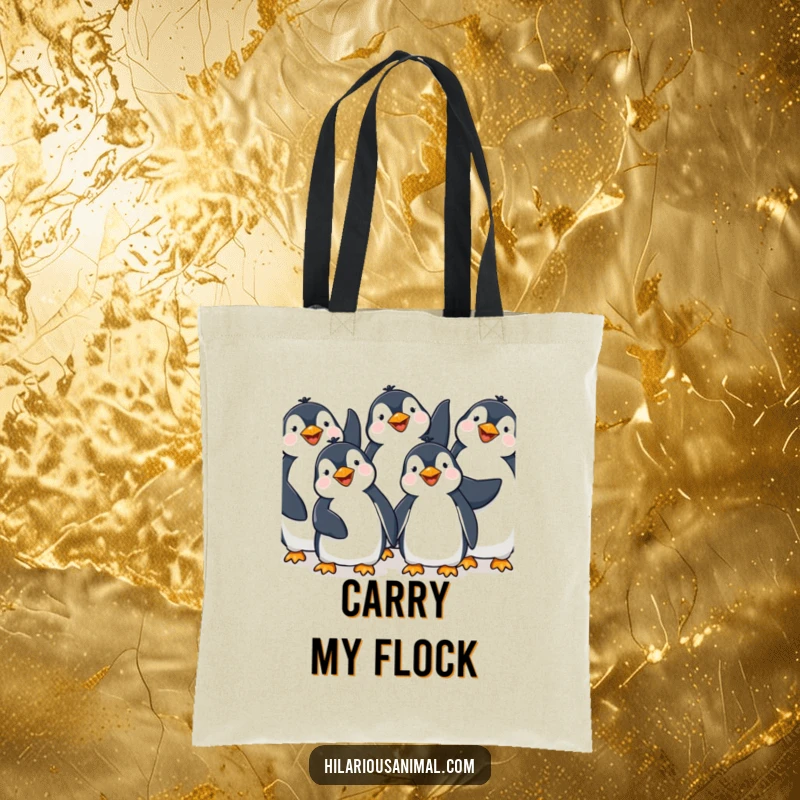 Funny Penguin Giggling Tote Bag: A sturdy tote bag featuring happy penguins giggling with flippers in the air, perfect for carrying items with a humorous touch.