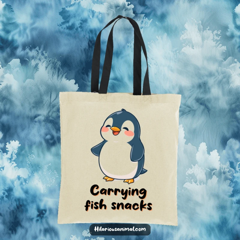 Funny penguin tote bag, showcasing a cute plump bird belly shaking from laughter, a durable and humorous accessory.