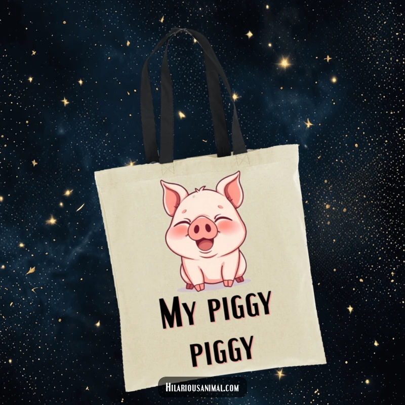Funny Tote Bag: A joyous piglet snorting with laughter, eyes squeezed shut, perfect for carrying essentials with farmyard fun.