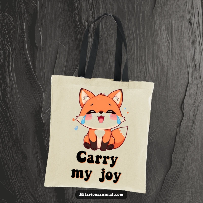 Funny red fox tote bag with streams of joyful tears, a practical and humorous accessory for emotional display.