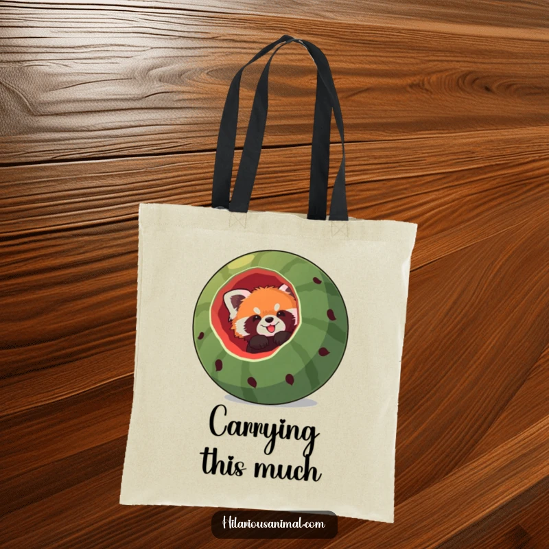 Funny red panda tote bag, a red panda comically stuck headfirst in a giant hollowed-out watermelon, ready for fruity adventures.
