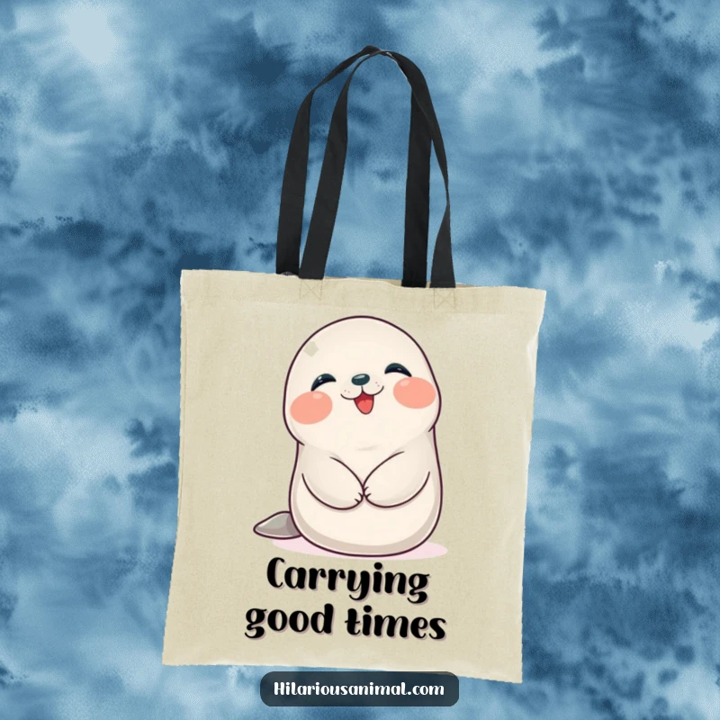 Funny Seal Cub Tote Bag: A happy, plump seal cub giggling while holding its belly, ready for errands.