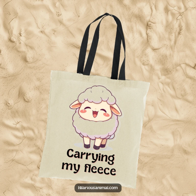 Funny joyful fluffy sheep character chuckling, head thrown back on a tote bag, a practical accessory filled with happiness, a great funny gift.