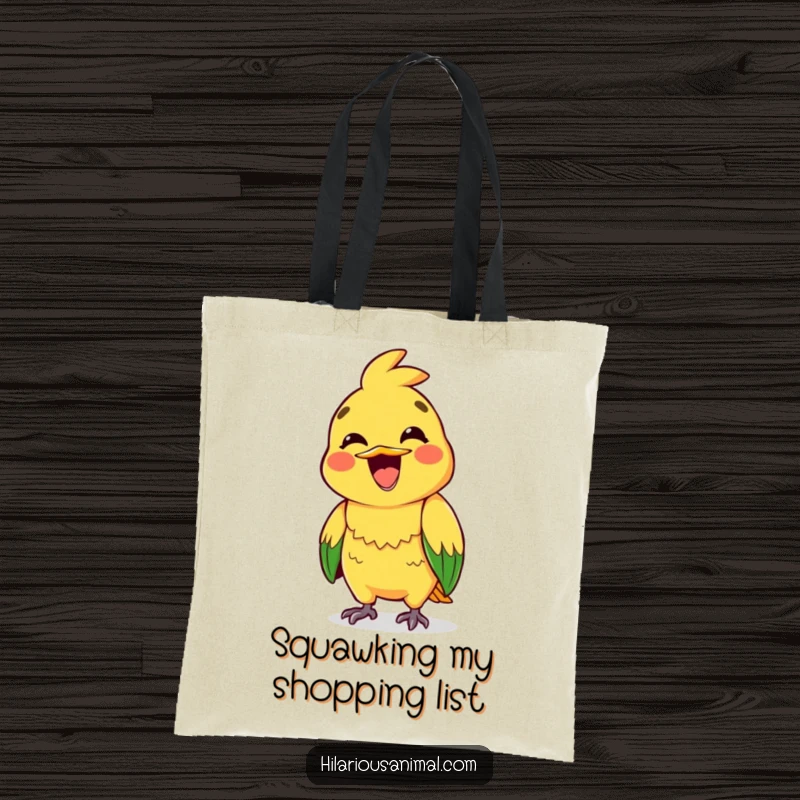 Funny tote bag featuring a brightly colored parrot mid-squawk, wearing a wide, excited grin.