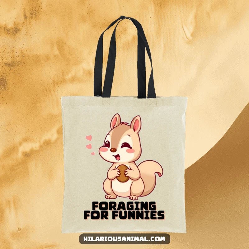 Funny squirrel tote bag featuring a curious squirrel chattering with amusement, holding a nut, a charming and practical accessory.