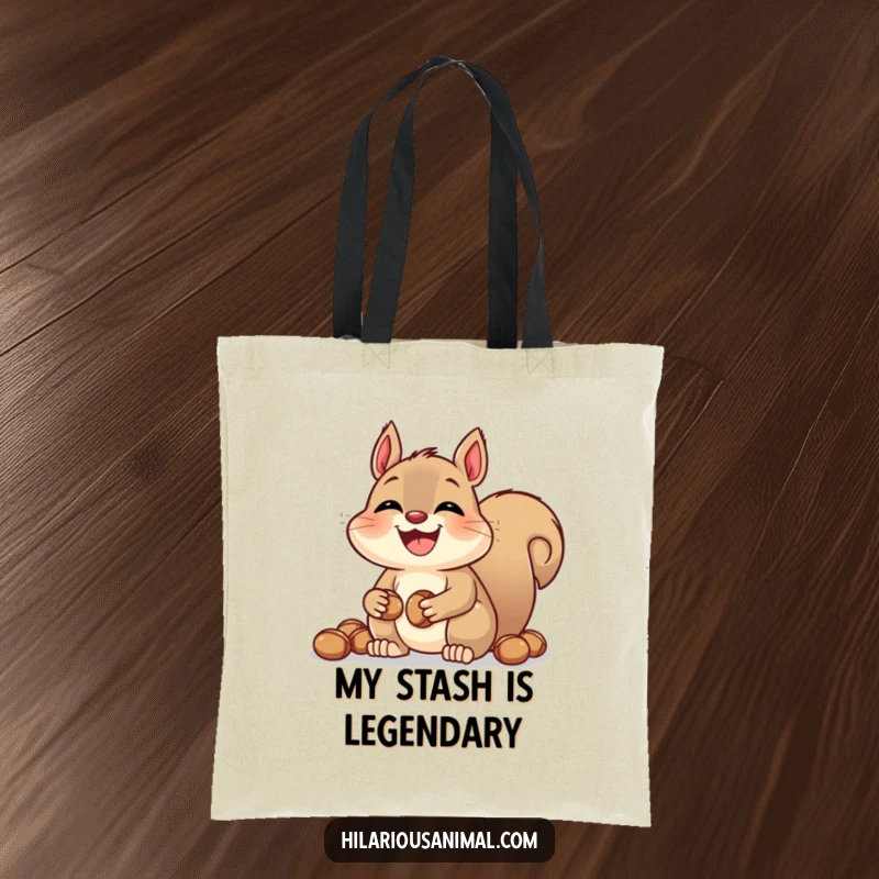 Funny laughing squirrel nut tote bag, sturdy and spacious, features a squirrel stuffing its cheeks with nuts, perfect for shopping and daily use.