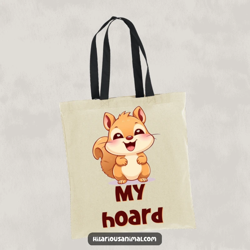 Funny happy squirrel with bright eyes, laughing joyfully, printed on a tote bag, ideal for carrying your essentials and good vibes.