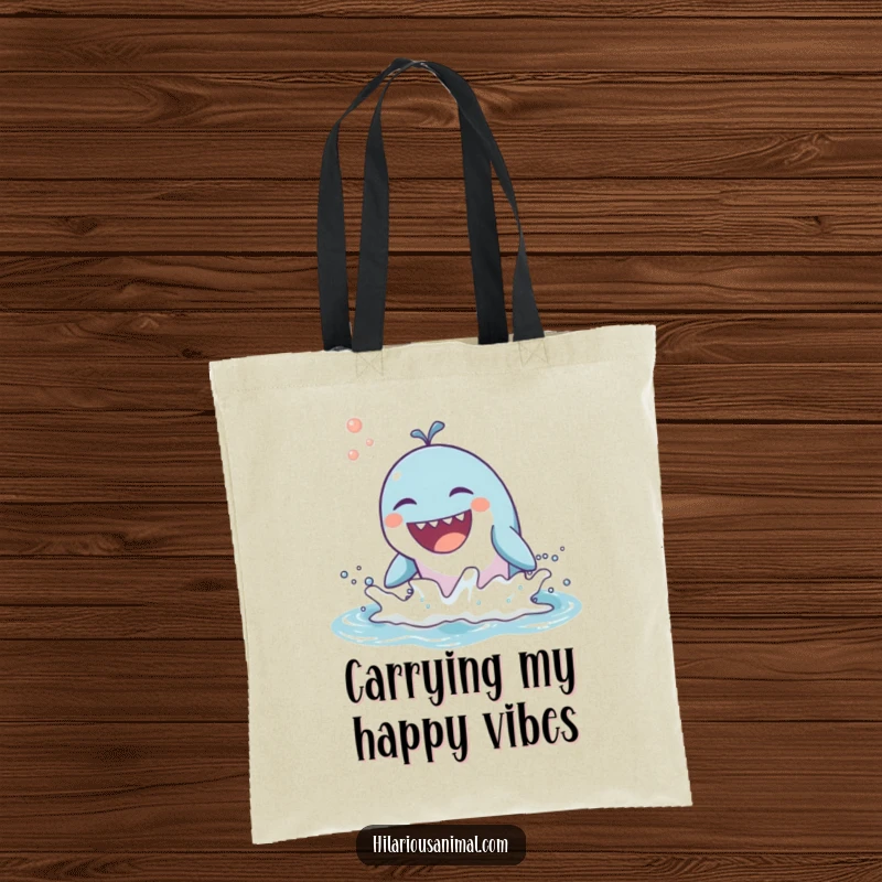 Funny tote bag showcasing a jubilant whale breaching and laughing, designed for carrying joy and laughter.