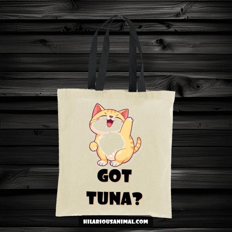 Funny happy cat tote bag with a feline arching its back and chattering with delight, showcasing a love for all things cat.