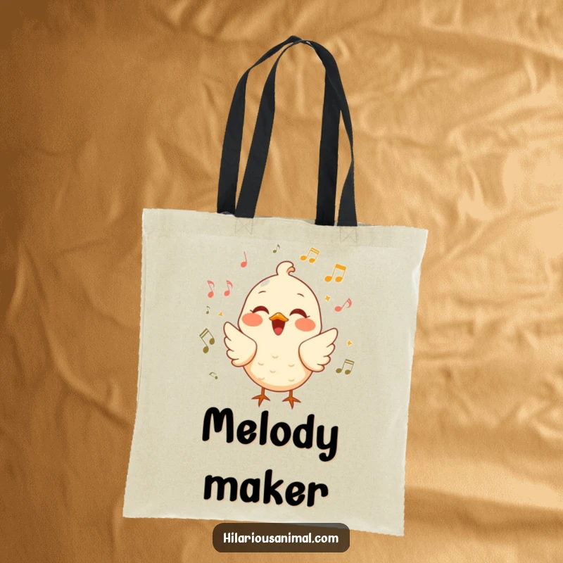 Funny cheerful bird tote bag with a bird chirping with laughter amidst musical notes, a stylish and humorous carry-all