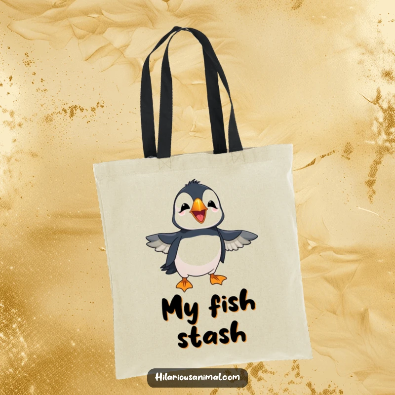 Funny cheerful puffin with wings flapping in amusement, laughing loudly, printed on a tote bag, ideal for carrying joy and essentials.