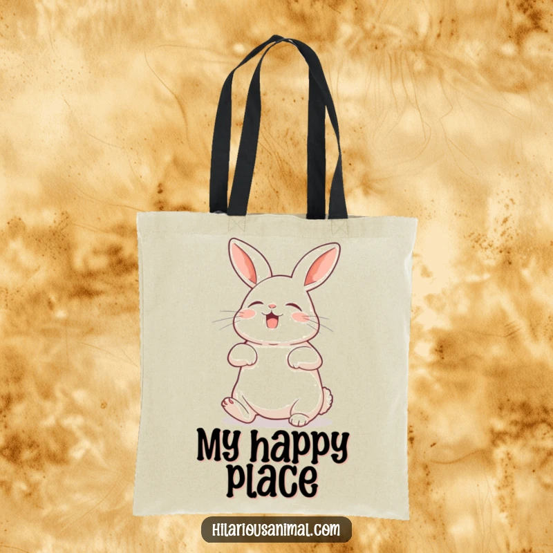 Funny rabbit tote bag with a bunny exposing its belly, shaking with silent laughter, a charming and humorous accessory.