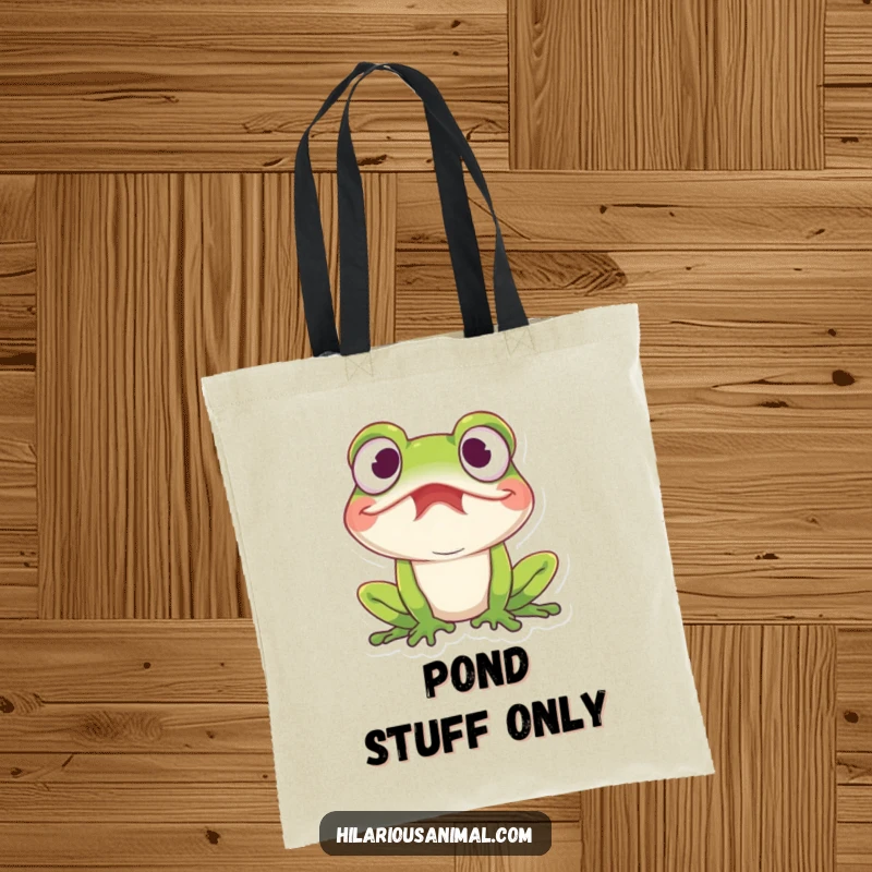 Funny amused frog tote bag with a frog with wide eyes caught in a fit of mirth, a whimsical and amusing carry-all
